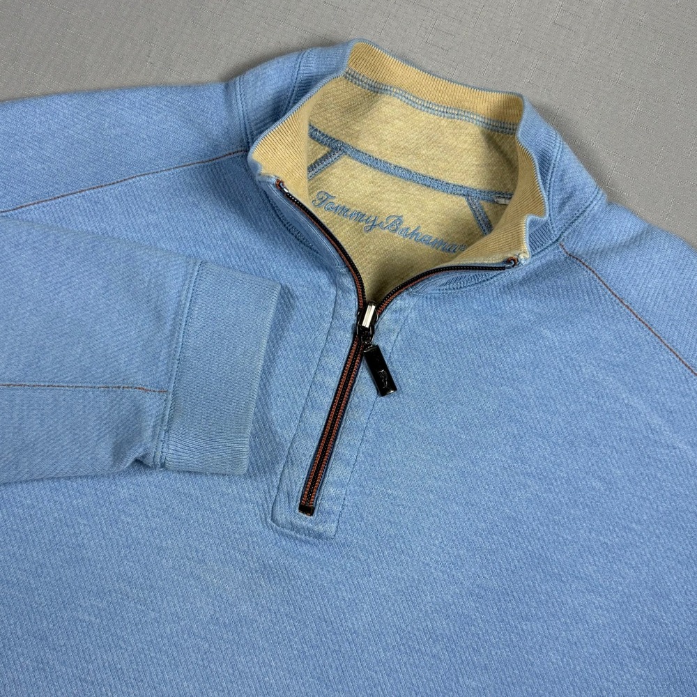 Tommy Bahama Mens Reversible Quarter Zip Pullover Blue Cotton Sweater Medium